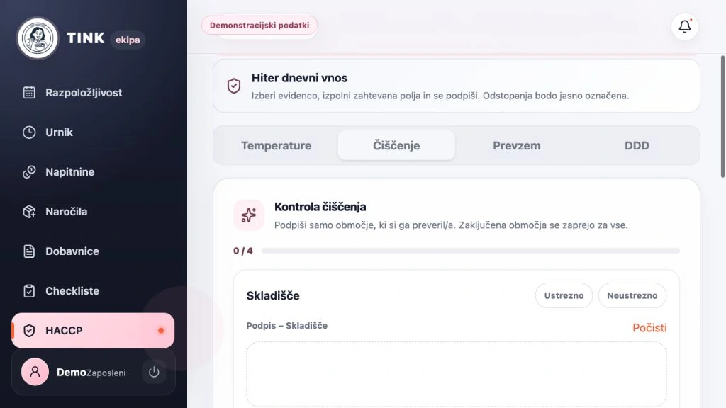 Kontrola čiščenja z izbiro ustreznosti območja, pregledom opravljenih kontrol in poljem za podpis