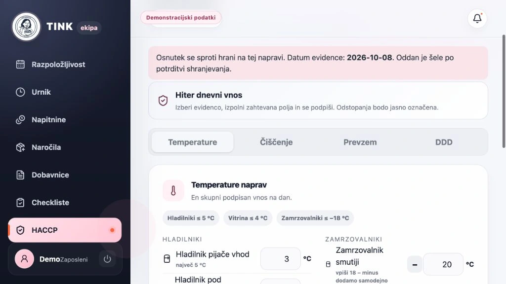 Vnos temperatur hladilnikov in zamrzovalnikov v TINK aplikaciji z demonstracijskimi podatki